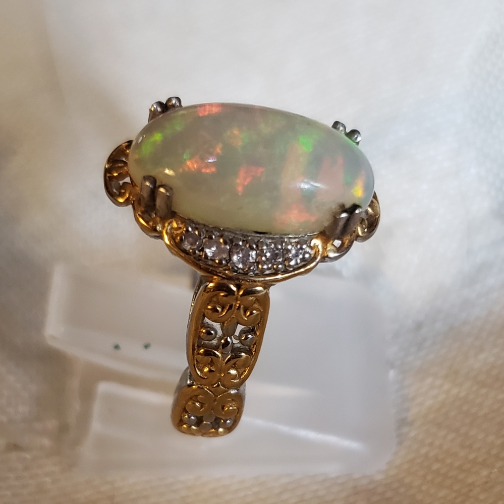 SOLDGorgeous Ethiopian Welo Opal and White Zircon Ring 2.15ctw Sterling Silver - Picture 11 of 14